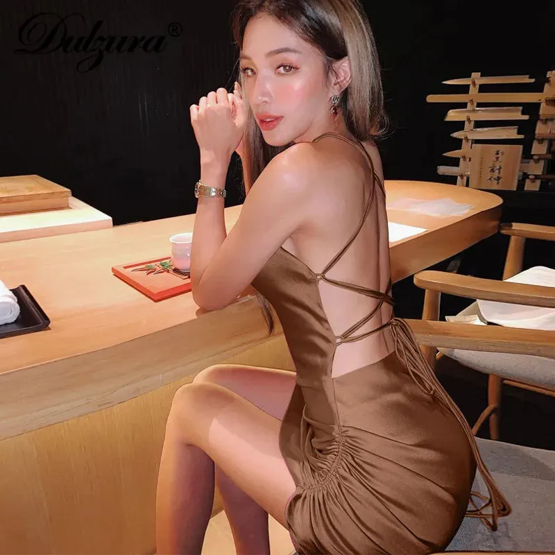 Satin Women Strap Mini Dress Ruched