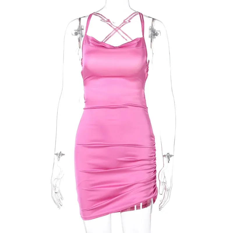 Satin Women Strap Mini Dress Ruched