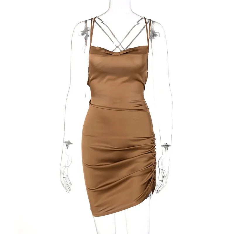 Satin Women Strap Mini Dress Ruched