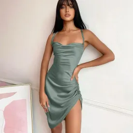 Satin Women Strap Mini Dress Ruched