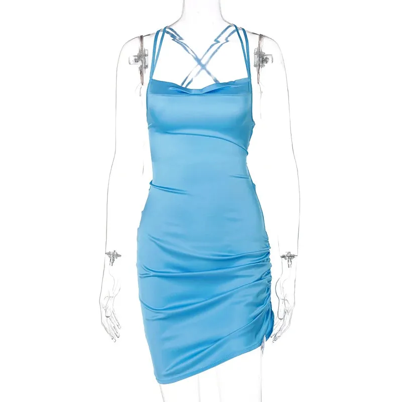 Satin Women Strap Mini Dress Ruched