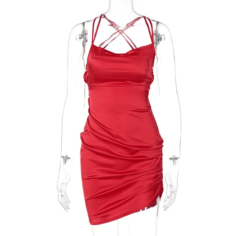 Satin Women Strap Mini Dress Ruched