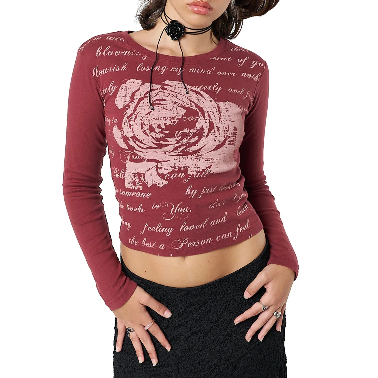 Spring Summer Crop Long Sleeve Crewneck Graphics Rose Print Slim Personalized Y2K T-shirt