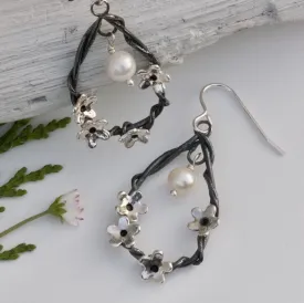 Teardrop Woodland Silver Flower Dangle Earrings, Silver Statement Drop Earrings