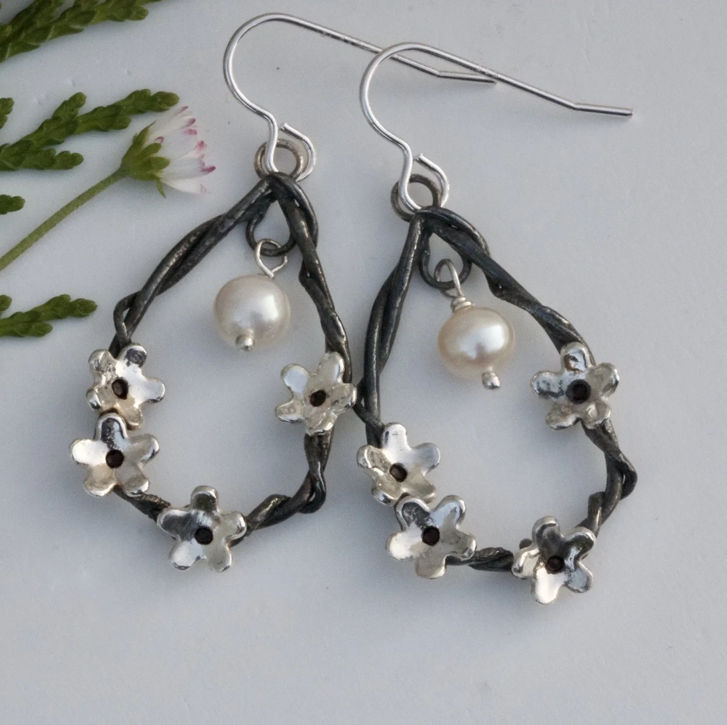 Teardrop Woodland Silver Flower Dangle Earrings, Silver Statement Drop Earrings
