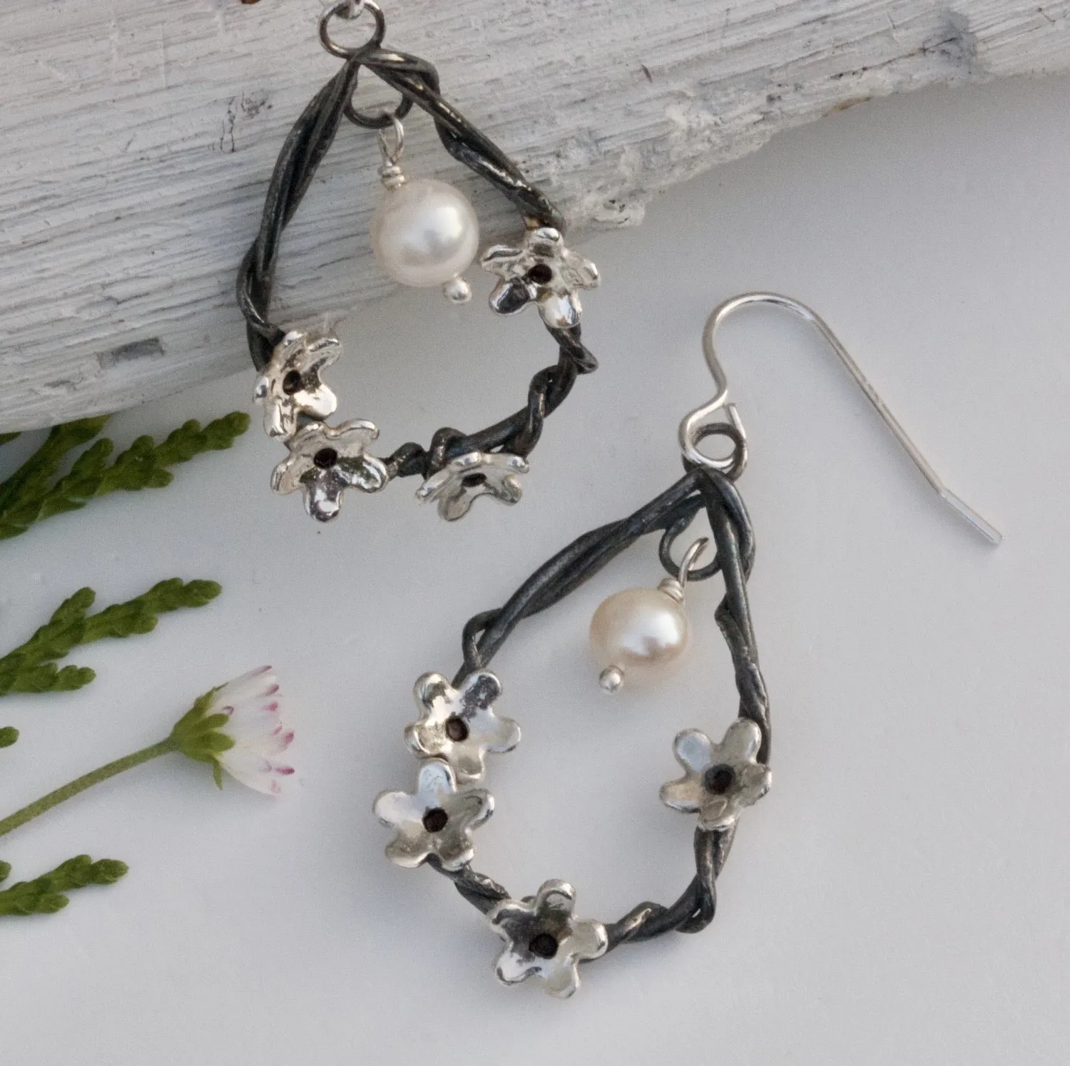 Teardrop Woodland Silver Flower Dangle Earrings, Silver Statement Drop Earrings