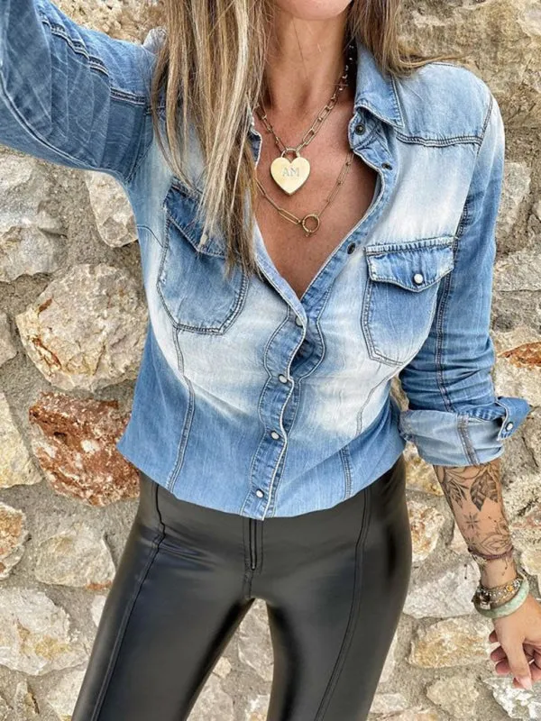 TEEK - Long-Sleeved Denim Distressed Slim Fit Top