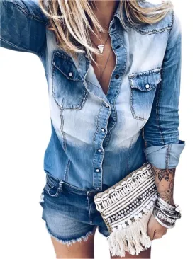 TEEK - Long-Sleeved Denim Distressed Slim Fit Top