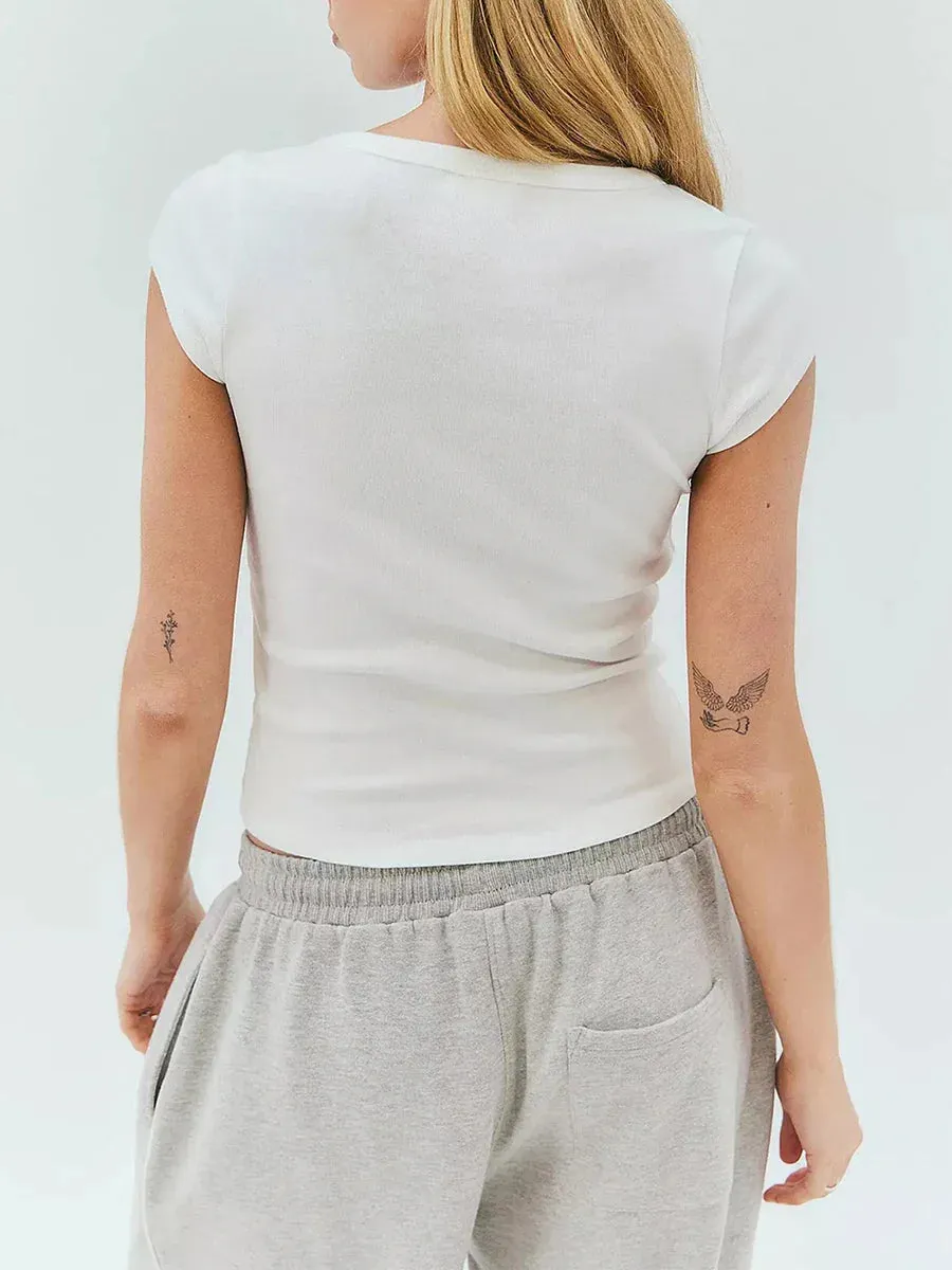 V Neck Basic Short Sleeve Bow Embroidery Casual Summer T-shirt