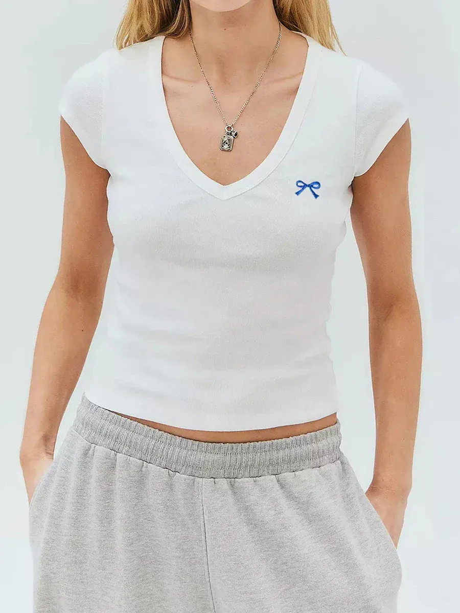 V Neck Basic Short Sleeve Bow Embroidery Casual Summer T-shirt