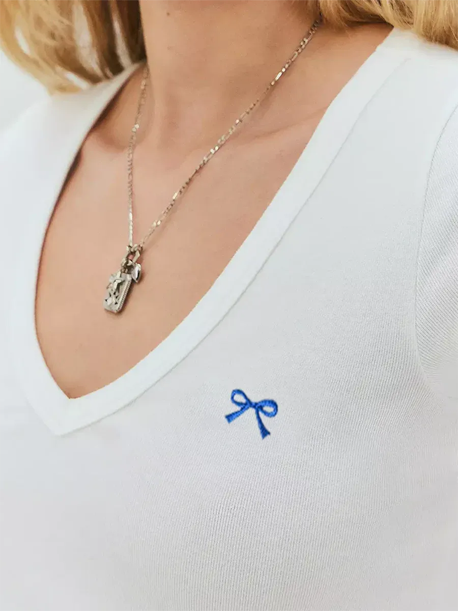 V Neck Basic Short Sleeve Bow Embroidery Casual Summer T-shirt