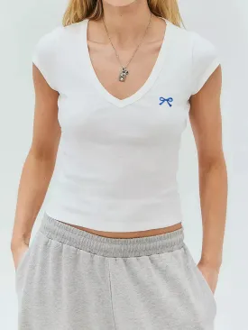 V Neck Basic Short Sleeve Bow Embroidery Casual Summer T-shirt